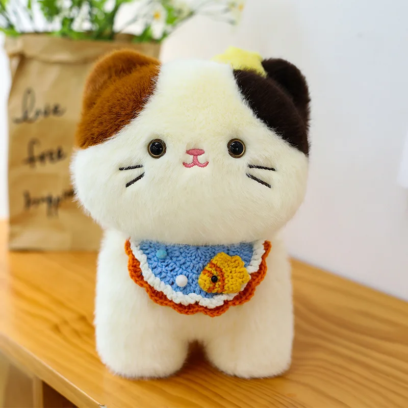 

Cute Cartoon Three Flower Cat Doll Personality Soft Stuffed Animal Bib Hat Cat Plush Toy Doll Birthday Gift Household Decoration