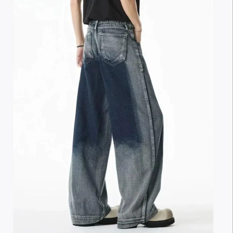 Men Y2K Double Waist Gradient Washed Jeans Two-Tone Vintage Wide Leg Baggy Denim Trousers