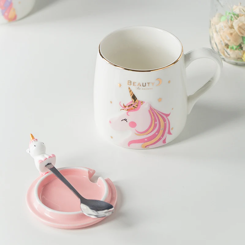 Unicorn Mug with Lid and Spoon, Creative Ceramic Water Cup, Coffee Milk and Breakfast Cup