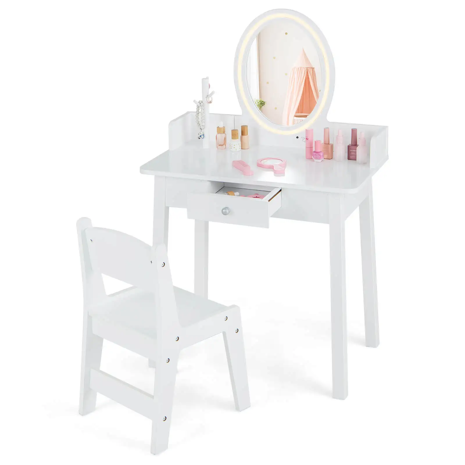 

Kids Vanity Set w/ Lighted Mirror Chair 2-Color LED Lighting for Girls Makeup