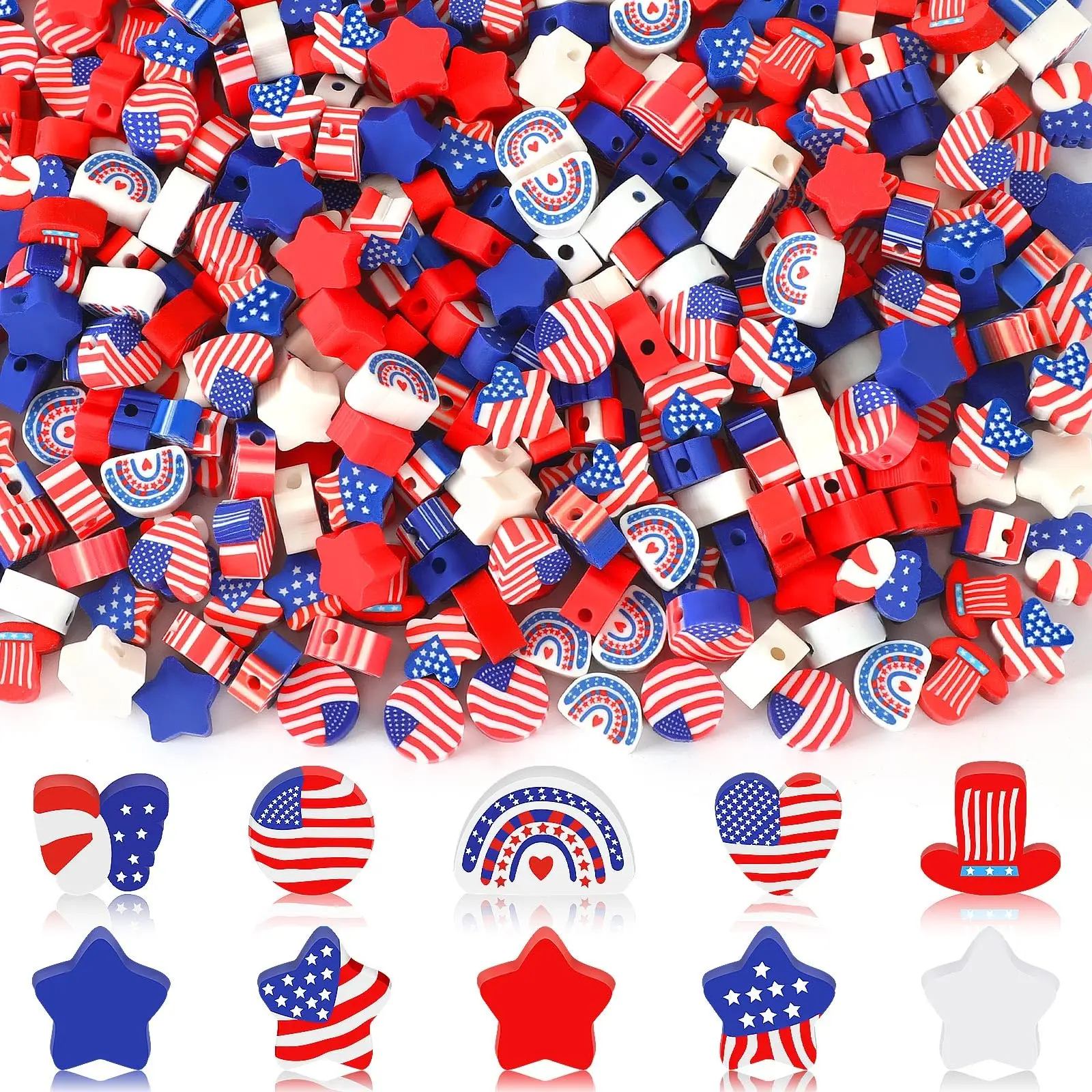300Pcs Usa Flag Polymer Clay Beads, Patriotic DIY Craft Beads for 4Th of July Jewelry Making