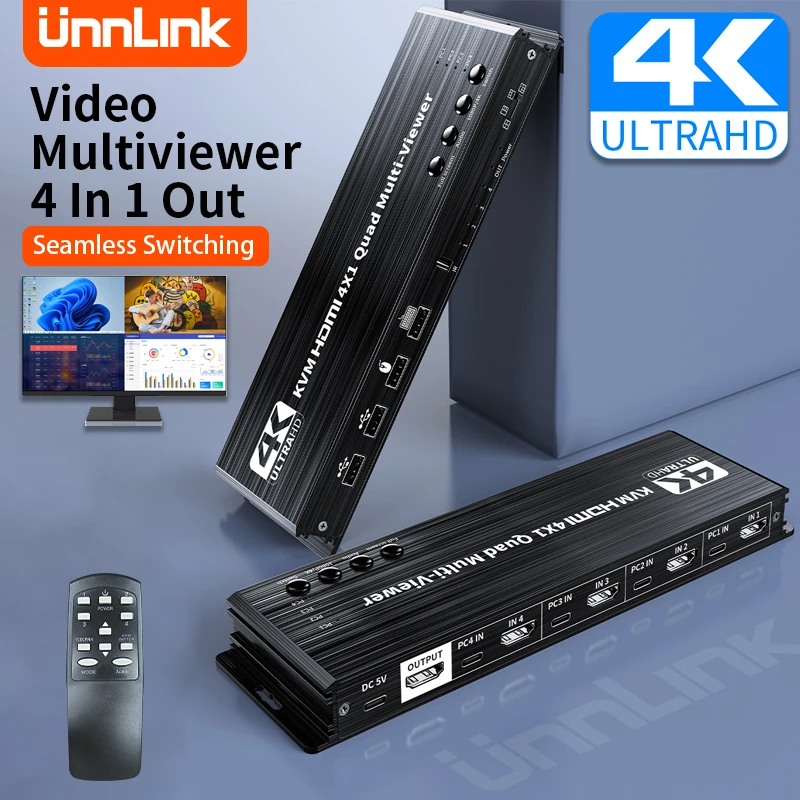 

Unnlink 4K HDMI KVM Multiviewer 4x1 Seamless Switch Splicer Quad Screen Real Time Processor for 4 PC Share With Monitor Meeting