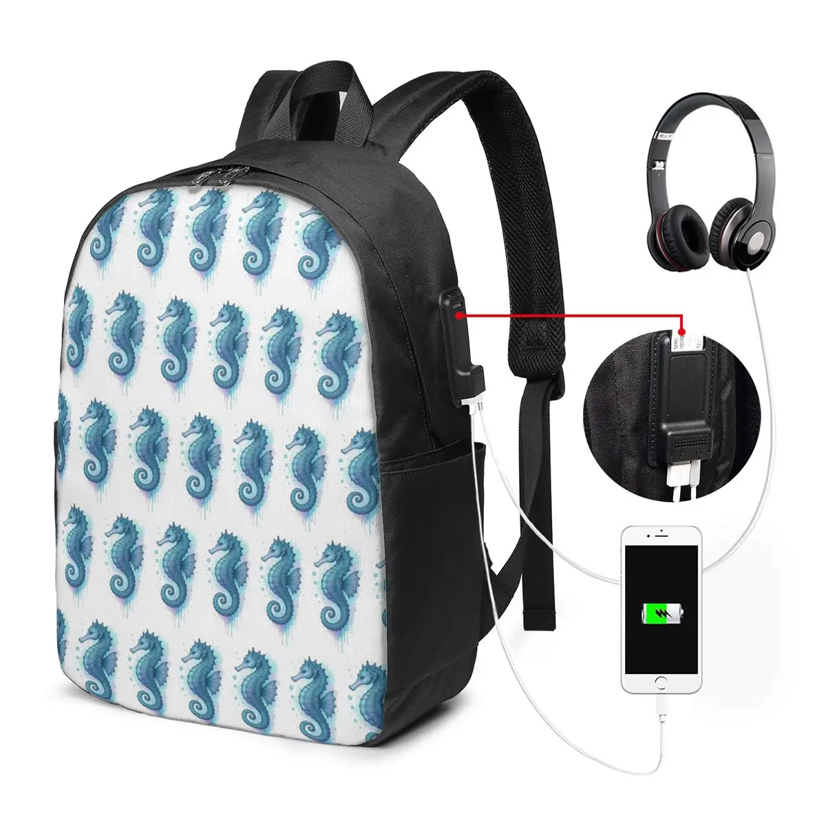 Abstract Seahorse Watercolor Design Backpack Travel Notebook Bag Computer College Student School Bag Laptop Shoulder Bags