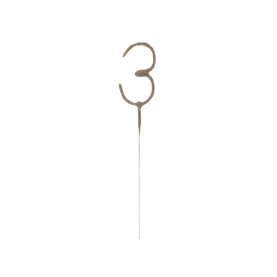Gold Number 3 Sparkler Flame Birthday Candle, 7 Inch Wax Candle, Holiday Theme Cake Decoration