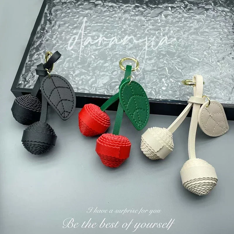 Cute PU Cherry Bag Pendant Keychain Leaf Braided Ball Bag Car Keychain Stylish Simple Backpack Pendant Decorative Gift