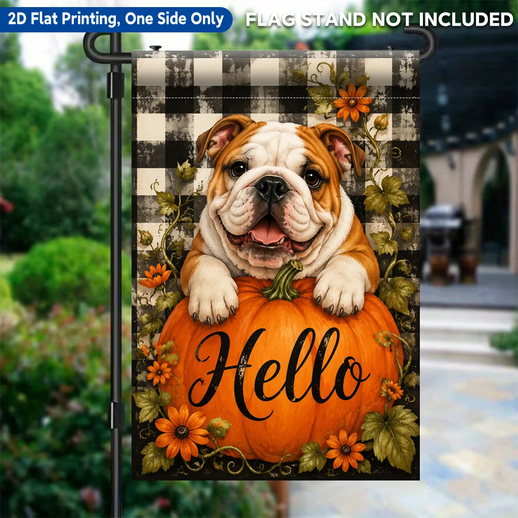 2D Flat Garden Flag 1 Piece, Pumpkin Flower and Dog Smile Single-Sided Printed Garden Flag Suitable for Outdoor Home And Yard Holiday Decorations, Valentine's Day, Mother's Day, Easter, Christmas, Thanksgiving, Halloween, Excluding Flagpoles (Flags Only)