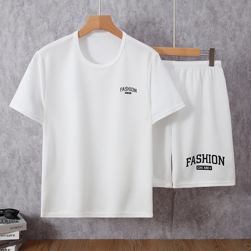 

2-piece Summer Men's Solid Color Waffle Fashion Suit Loose Plus Size Youth Casual Breathable Short Sleeve Letters Joker Shorts