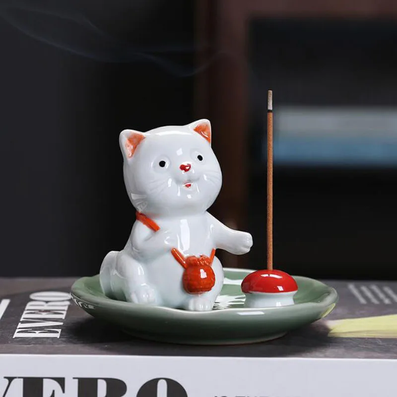 Porzellan Nette Katze Tier Räuchergefäß Handwerk Sandelholz Stick Weihrauch Halter Tee Haustier Aroma Brenner Duft Weihrauch Basis Wohnkultur