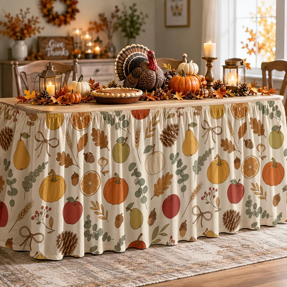 Tablecloth depicting autumn harvest, still life illustration, cozy home decor, festive decoration, autumn Thanksgiving Dayxzj