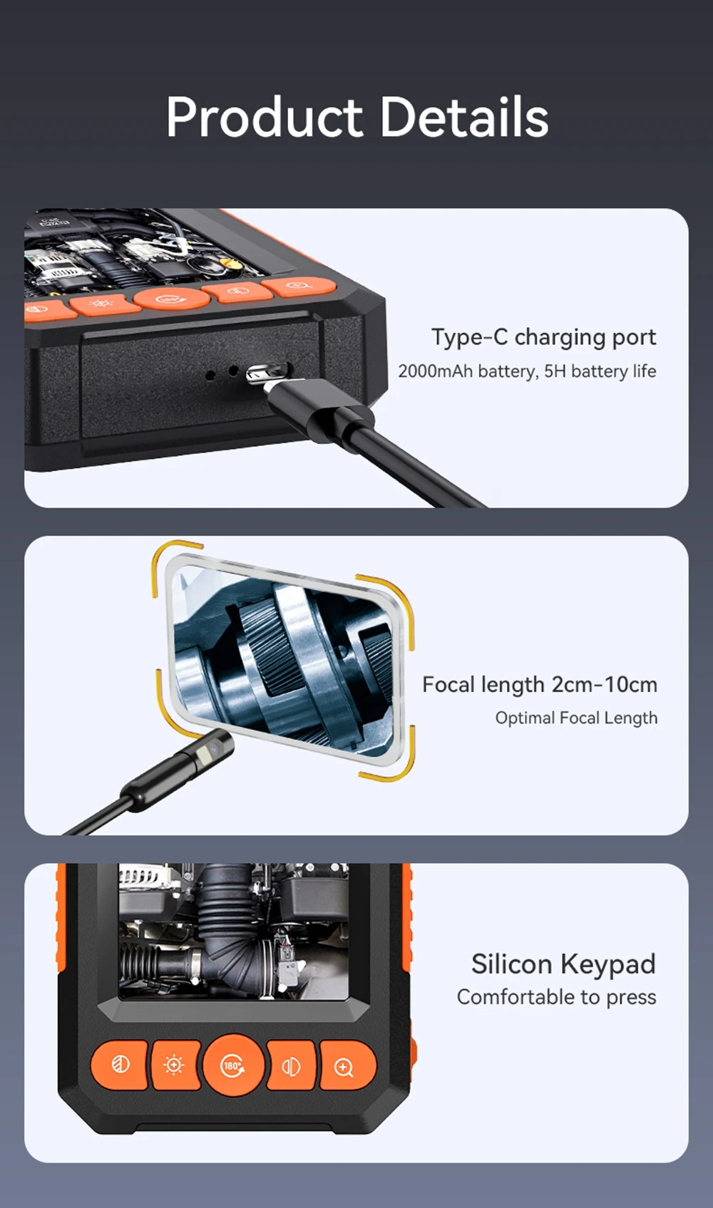 Endoscópio industrial de alta definição de 4,3 polegadas com lente de 8 mm Detector de manutenção de automóveis Visual Industrial IP67 Endoscópio