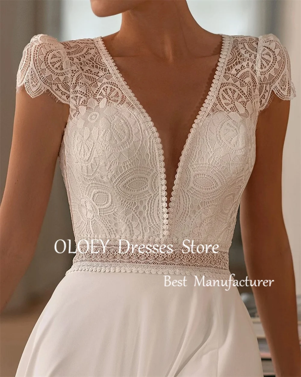 OLOEY Boho Ivory Wedding Dress Deep V Neck Bridal Gown Floor Length Side Slit Button Customized Backless Lace Chiffon Beach Gown