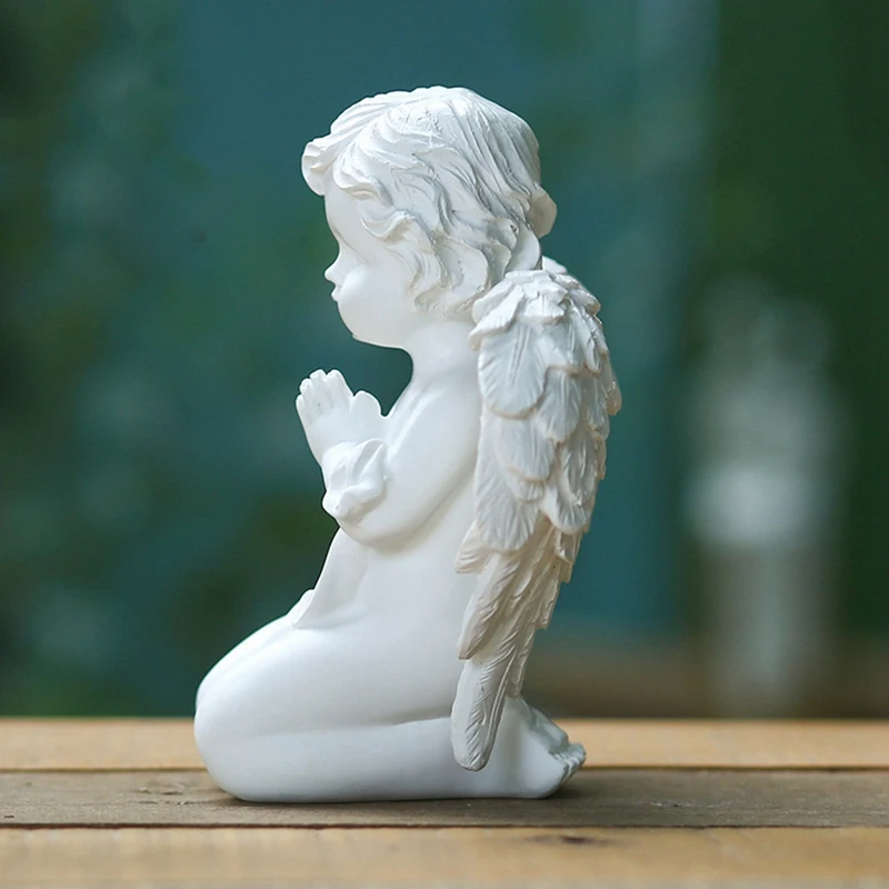 Kneeling Praying Pure White Angel With Wing Resin Garden Statue Memorial Resin Yard Figurine Garden Statue Gift