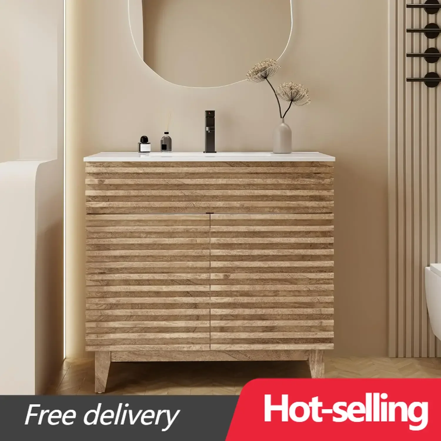 [عرض لفترة محدودة، اشترِ الآن! ] خزانة حمام مقاس 36 بوصة مع مجموعة حوض خزانة قائمة بذاتها في منتصف القرن مع ديكور مخطط خشبية، Adju