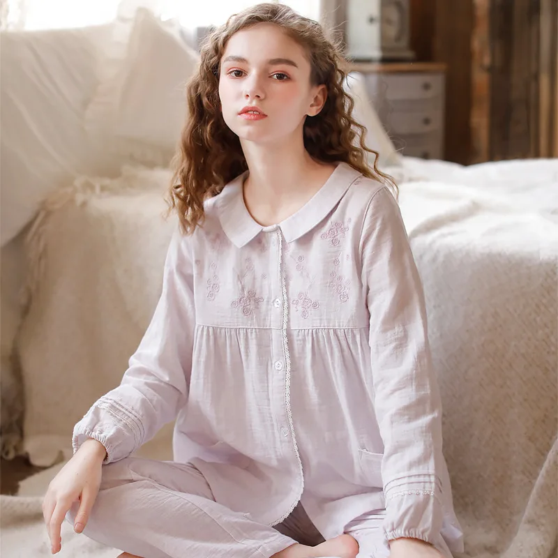 Pajamas Women's Double Gauze Cotton Yarn Autumn Cotton Long Sleeve Pants Pajamas 2PCS Set 100% Cotton Yarn Loungewear