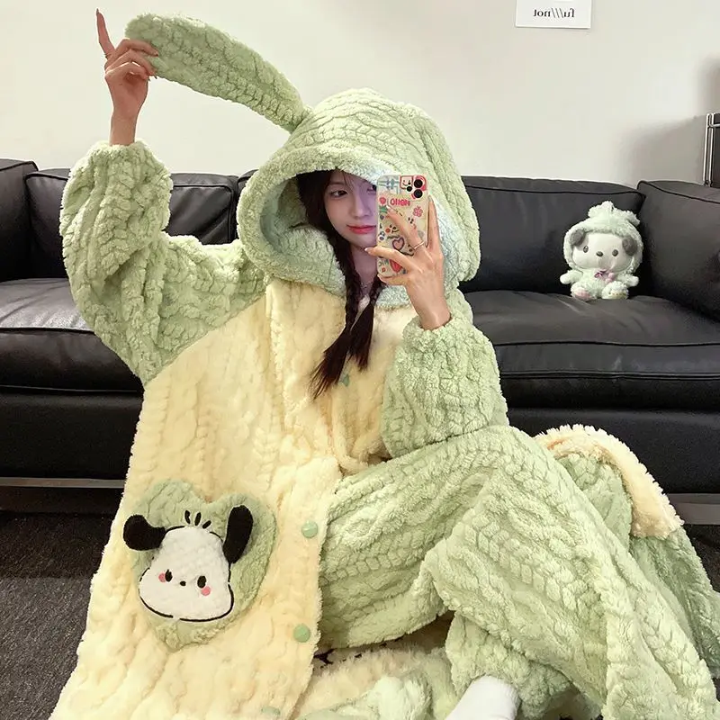 Sleepwear Women\'s Plush Thick Coral Velvet Hooded Pajamas Cartoon Cute Pajamas Winter Flannel Home Clothing Suit Cos Green Robe