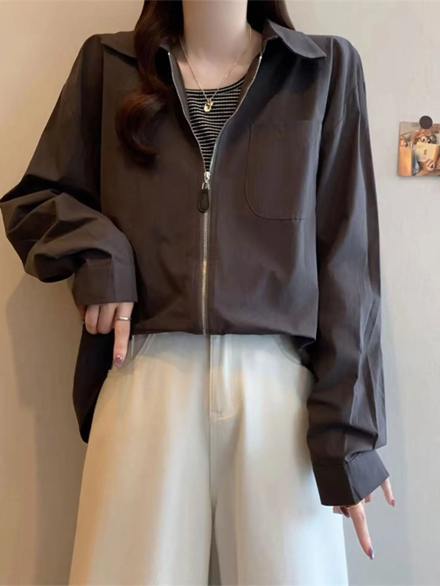 

Casual Sle Zipper Workwear Long Sve irt Women Spring Early plus Size Fat MM Fake Two-Piece Striped Patchwork Top