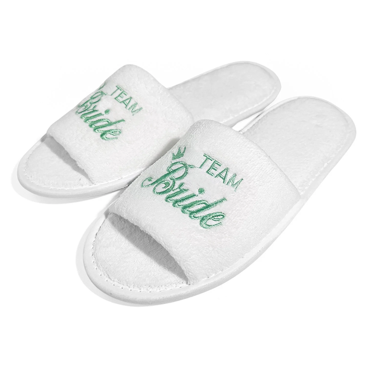 Braut und Brautjungfer, Hochzeit, Party, Gäste, Zuhause, Slip-On-Schuhe, Brautparty-Hausschuhe, offener Zehenbereich mit goldenem, mintgrünem und rosa – Detail 11