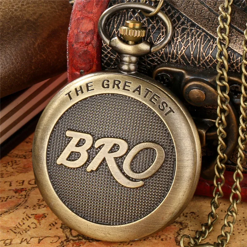 

Vintage The Greatest Bro Analog Quartz Pocket Watch for Men Necklace Pendant Chain Arabic Number Clock Gift to Brother