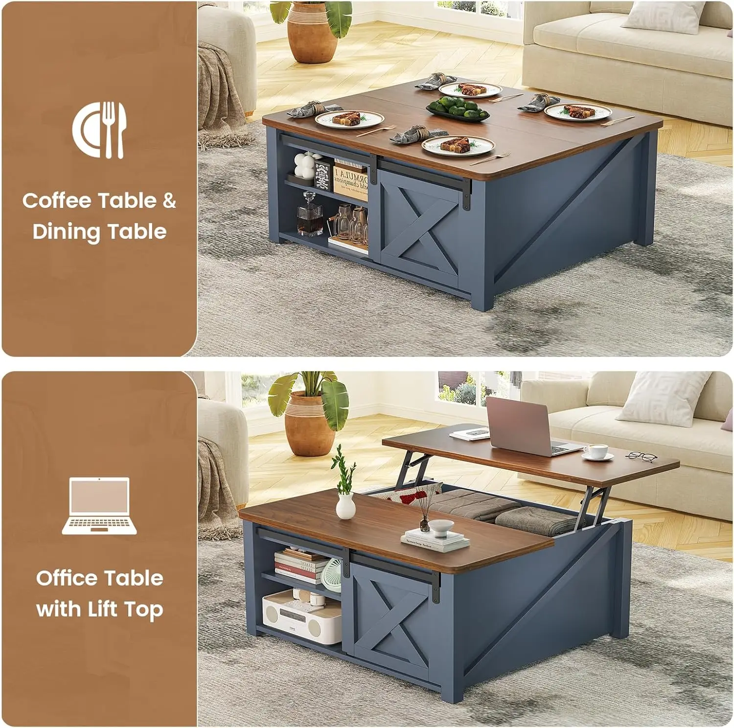 31.5" Lift TopSquareCoffeeTable (Blue) - Farmhouse Style with Large Hidden Storage & Adjustable Shelves, Perfect for Living Room
