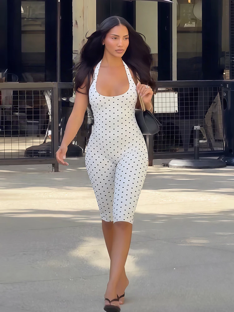 

Kliou Y2K Style Rompers Woman Summer Trend Polka Dot Print Halter U Collar Backless Skinny Peach Hip Street Fashion Playsuits