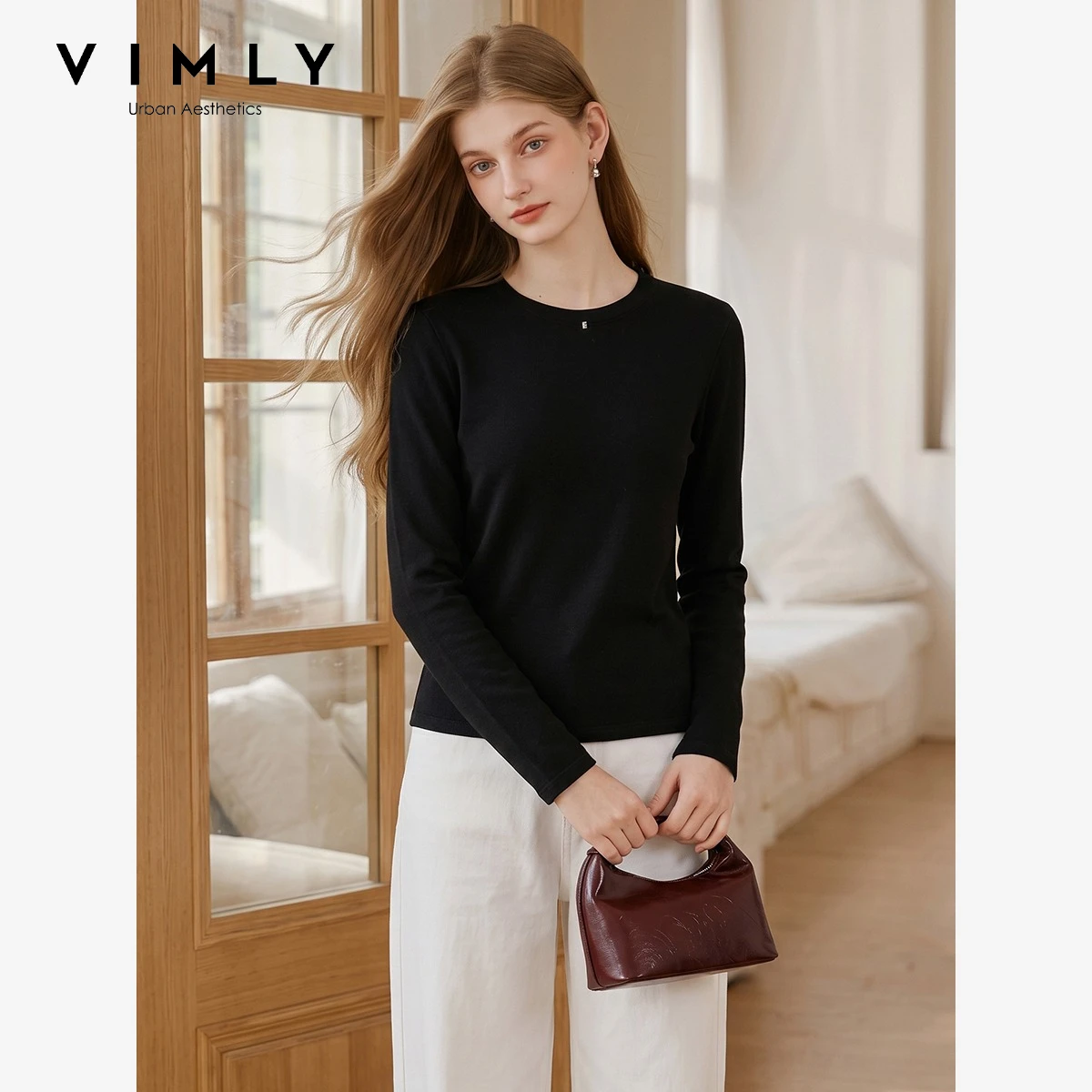 VIMLY Black Long Sleeve T-shirt Women 2026 Fall Winter Minimalist Versatile Round Neck Base Tees Casual Fashion Top Ladies 32070
