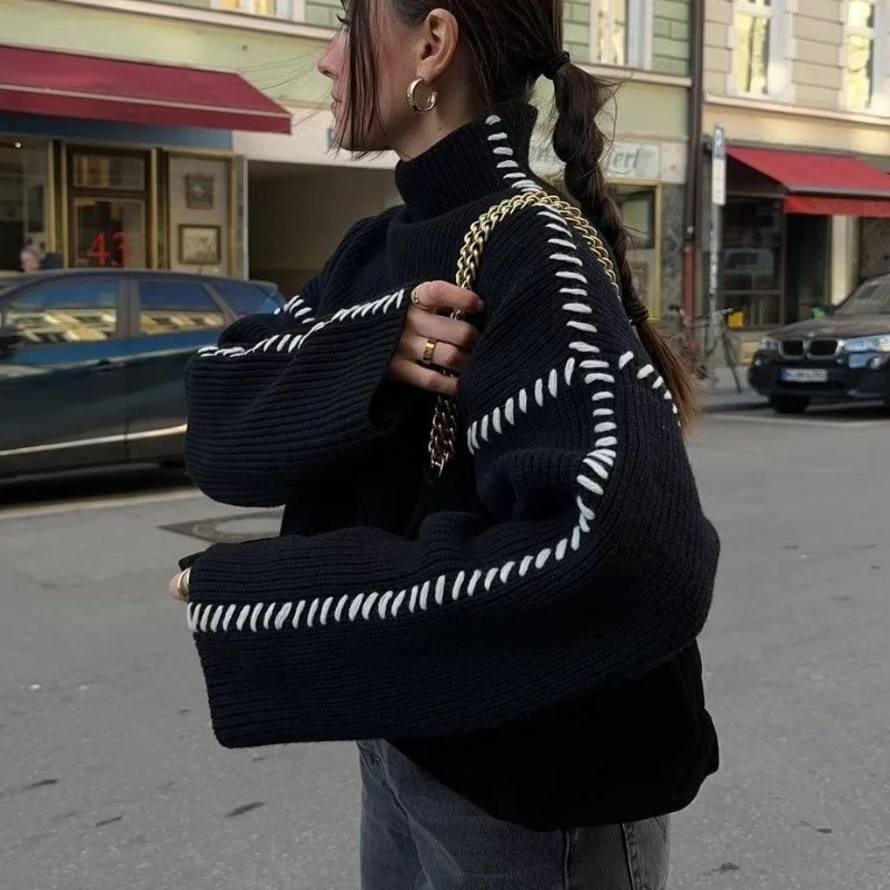 

Women's Sweater Autumn/winter Outer Wear Round Neck Knitted Top Warm Versatile Chic Color Blocking Splicing Line Sweater