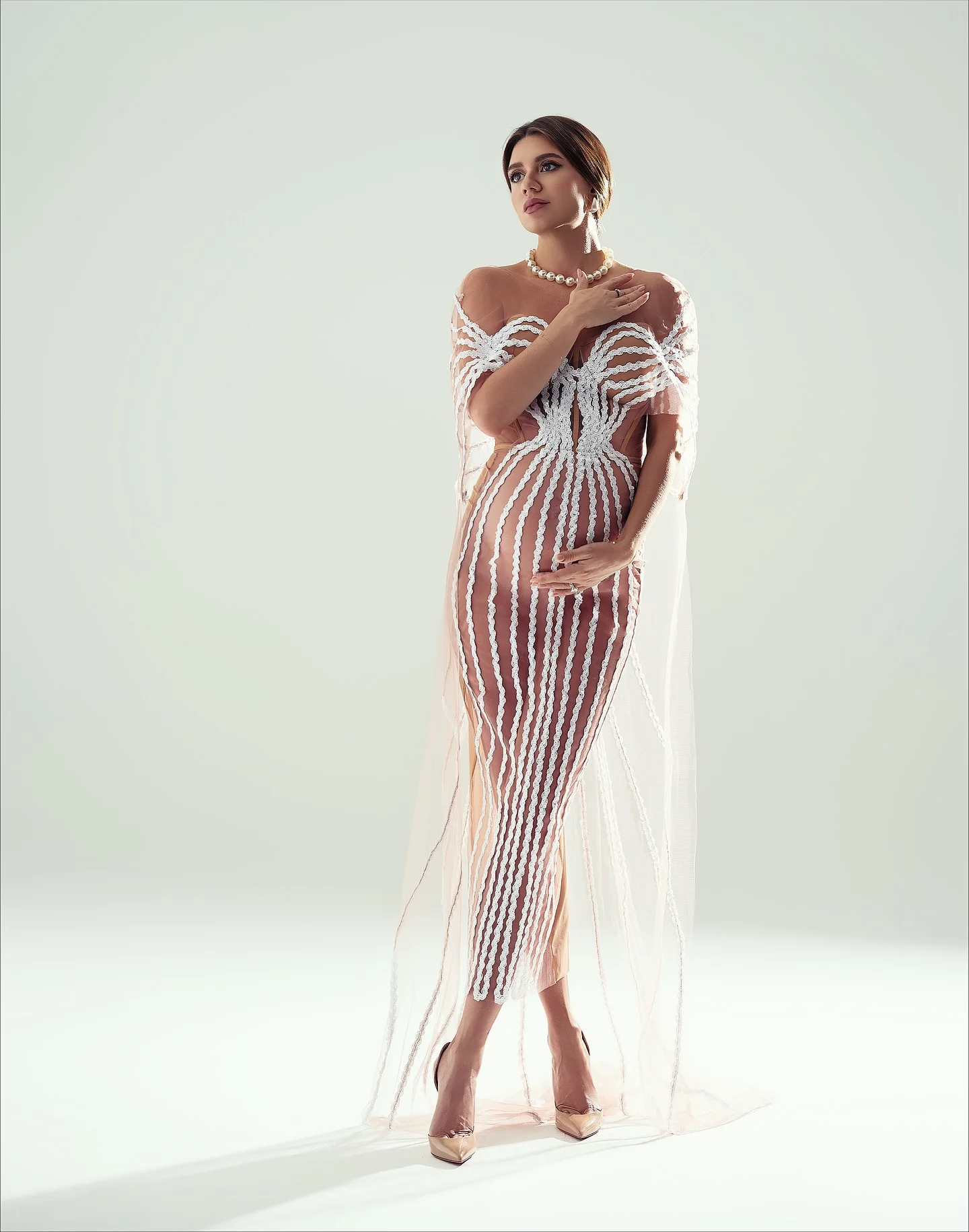 Off The Shoulder Mesh Evening Gown Lace Appliques Mermaid Maternity Dress Sheer Tulle Summer Party Dress For Pregnant Woman