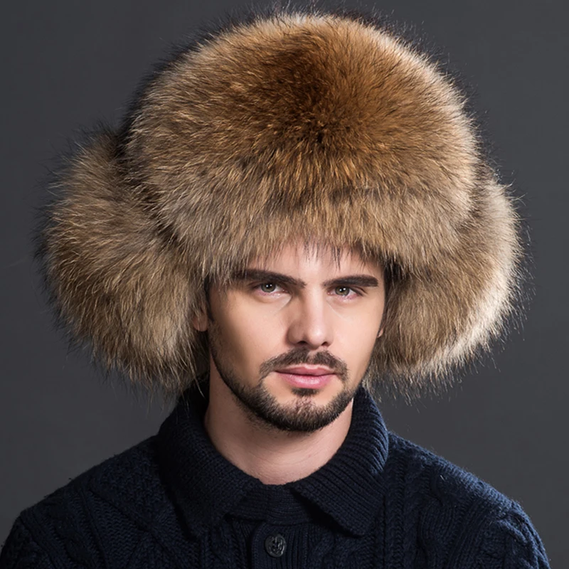 Real fur 100% Fox Skin Russian Businessmen Pilot Bombers Full Mao Men\'s hat Ushanka Winter Ear Guard Hat Raccoon Fur Beanie hat