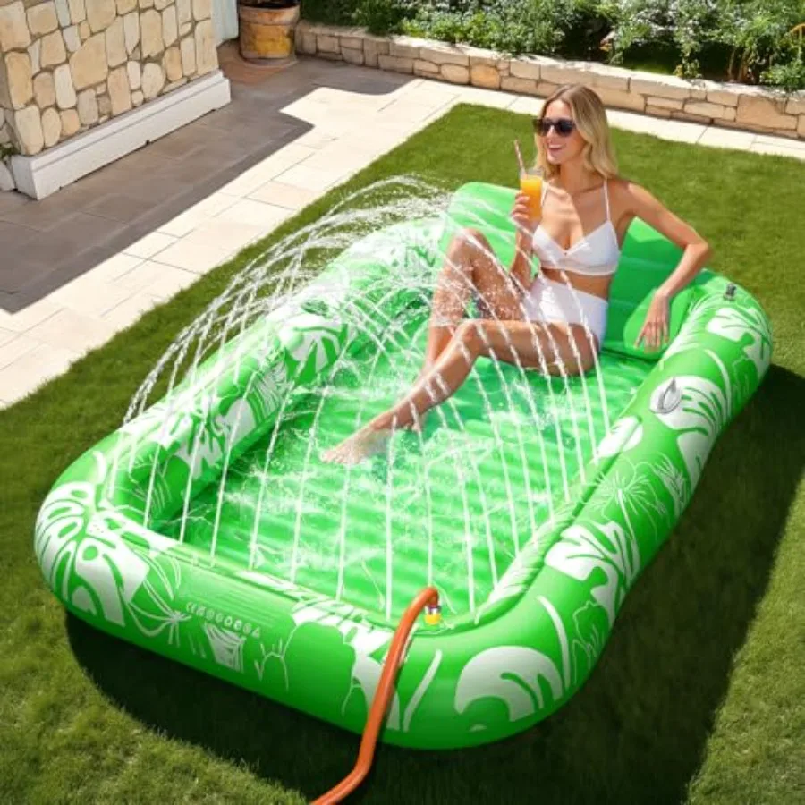 Inflatable Tanning Pool Lounger Float With Sprinkler For Outdoor Water Use, Vinyl Material, Blue Color, Extra-Large 85 X 50 Siz