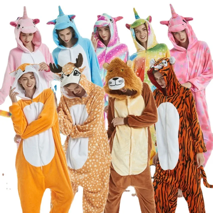 Adult Animal Onesie Kigurumi Tiger Unicorn Cat Costume Sleepwear Women Kids Winter Jumpsuit Panda Cartoon Flannel Couple Pajamas