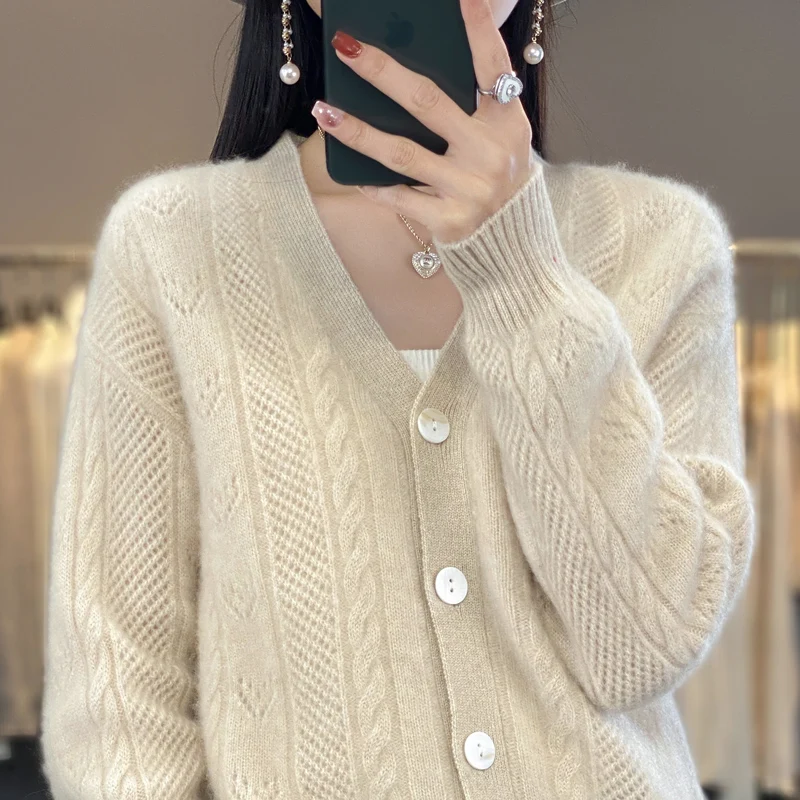 V-neck hollow button solid color new top women's cardigan high-end loose autumn and winter Blouse