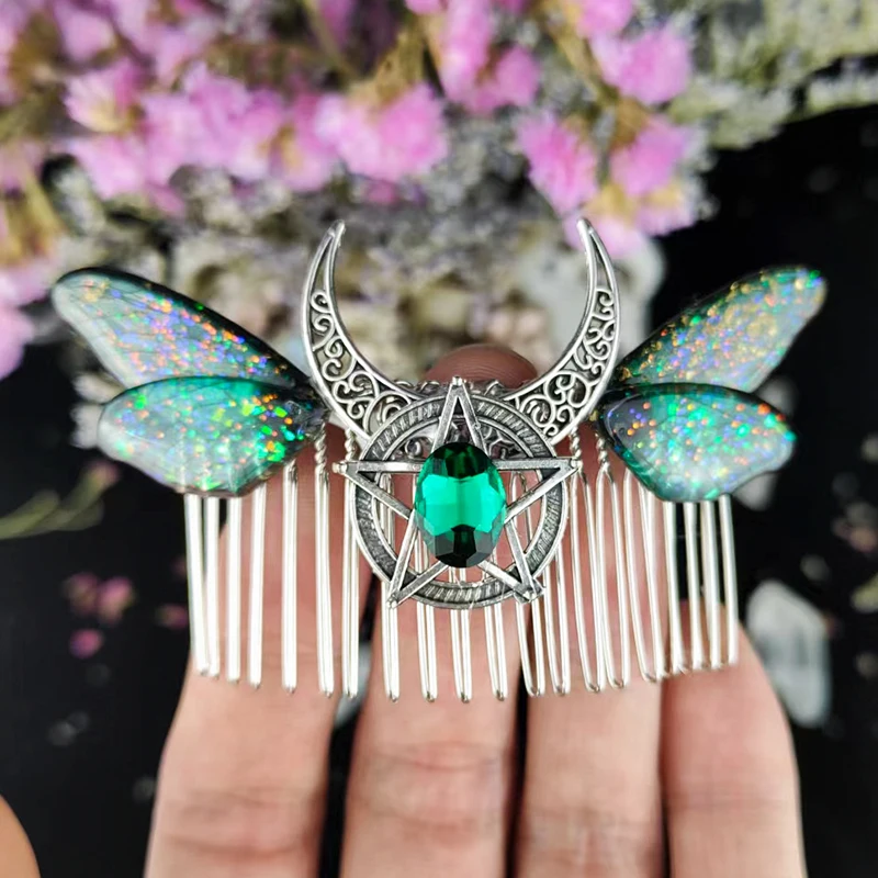 Witch Crystal Butterfly Cicada Wing scent Moon Pentragm HairComb Pagan Goddness Tiaras Hair Barrette Fairy Hair Jewelry for gift