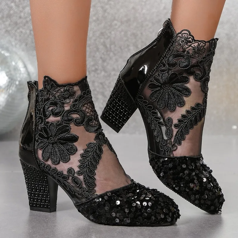 Nowe damskie buty na wysokim obcasie 2024 Summer Lace Breathe Ankle Boots Fashion Hollow Zip Lady Shoes Retro Flower Bling Sandal Zapatos