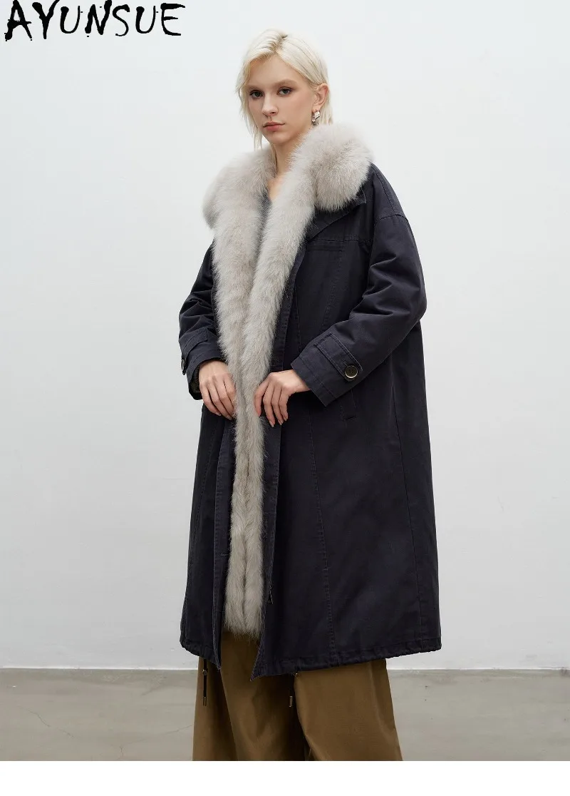AYUNSUE White Goose Down Parka Women Winter Coat Oversized Genuine Fox Fur Collar Long Length Clothes Loose Fit Пальто Женское