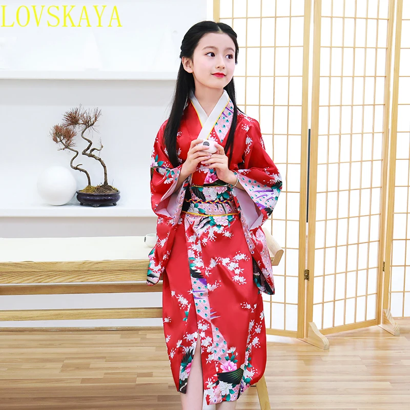 Lovely  Girls Traditional Kimono Gown Yukata With Obi Elegant Japanese Evening Dress Gown Children Stage Show Clothing