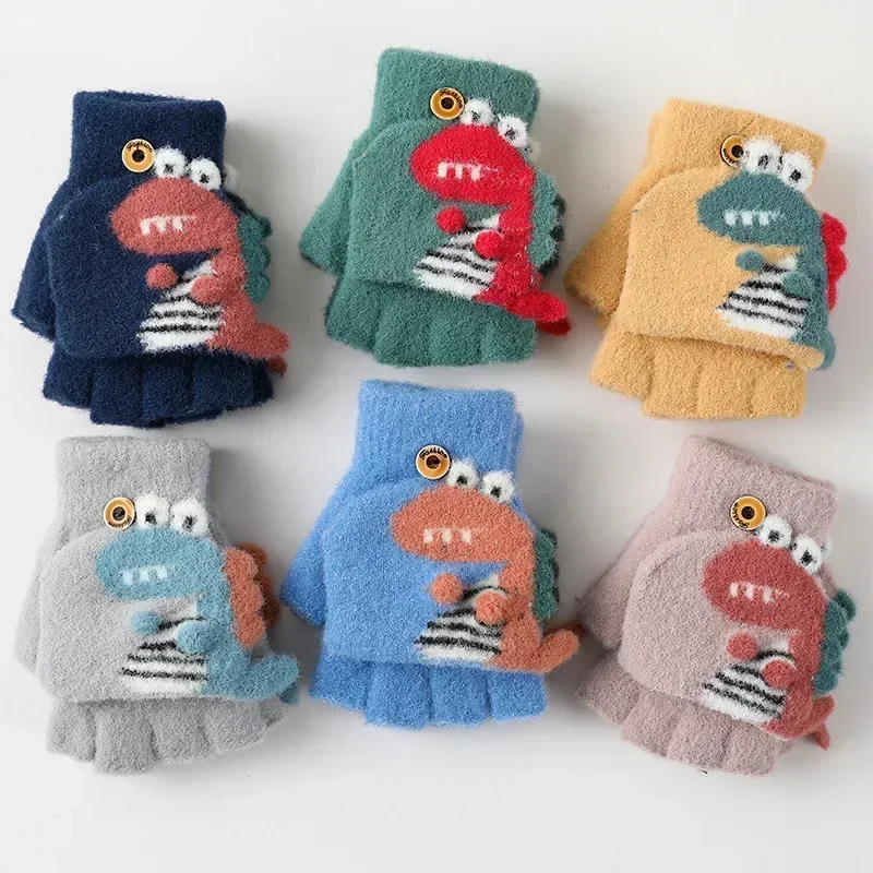 New Kawaii Cartoon Dino Kids Gloves Half Finger Flip Gloves for Boys Girls Children Winter Warmth Writing Gloves 3-6T