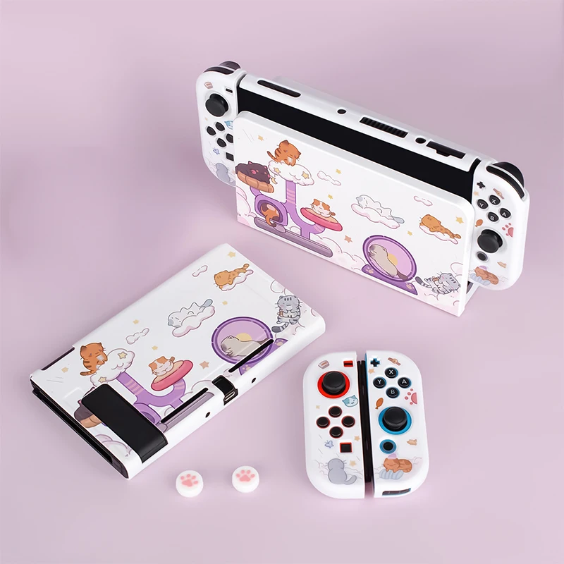 Cute Cat Party Switch Case Compatible with Nintendo Switch OLED / Switch Protective Shell Hard PC Cover with Joystick Caps