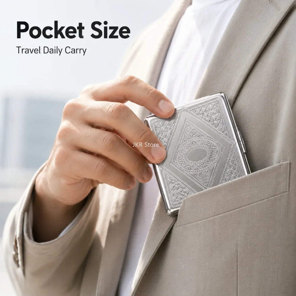 Stainless Steel Cigarette Box Embossed Portable Metal Case Storage Holder Smoking Accessory for Men Women Travel Daily Carry view 4