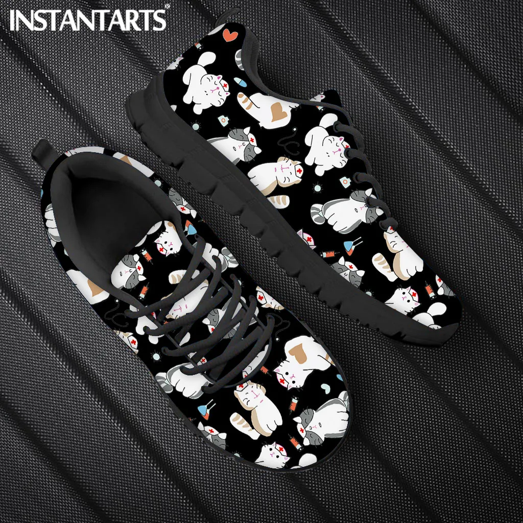 INSTANTARTS Women Nurse Sneakers Cartoon Cat Veterinary Print Lightweight Mesh Flats Ladies Casual Winter Cute Nursing Shoes New