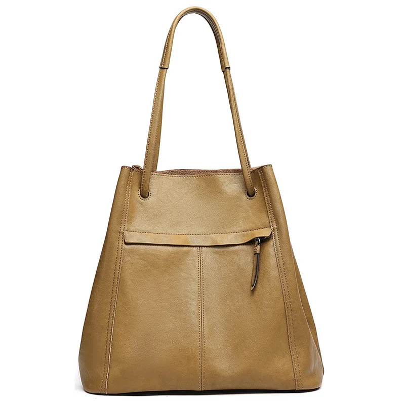 Korean-style Premium Bucket Bag Women Simple Commuter Large-capacity Shoulder Bag Retro Soft Vegetable-tanned Cowhide Tote Bag