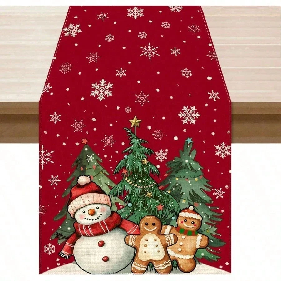 Christmas Table Runner Winter Red Snowman Gingerbread Man Christmas Tree Xmas Holiday Table Decor for Kitchen Dining Room Party