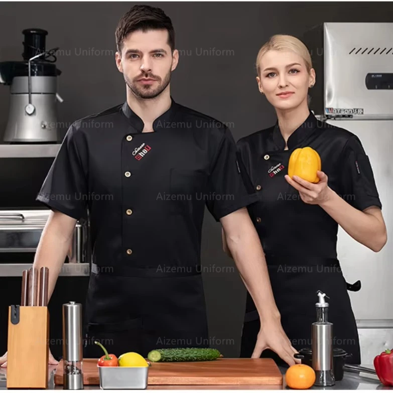men black Chef Uniform short sleeve Breathable Chef Shirt Restaurant Kitchen black Chef Jacket apron works clothes women logo