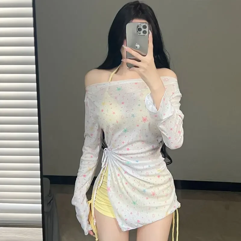 

Симпатичный комплект из двух предметов в стиле Pure Desire с длинными рукавами, женский термокостюм со звездным принтом, плоские трусы, отдельный дизайн