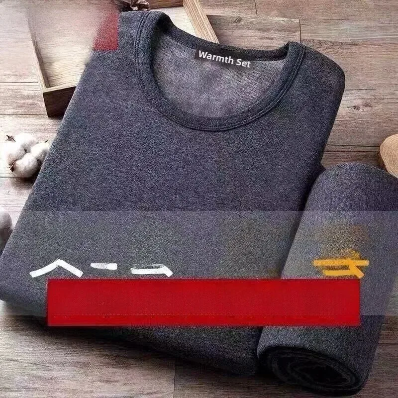 Men's Thermal Underwear Set Fleece Lined Warmth Enhanced Large Size Winter Cold Proof Autumn Clothes Long Sleeve round Neck S...