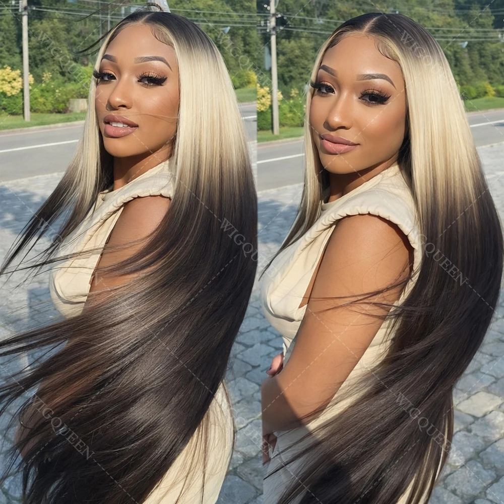 

Reay to Wear Upgrade Black with Blonde Highlight Wigs Human Hair 200% Density 4x4 Silky Straight Ombre Lace Front Glueless Wigs