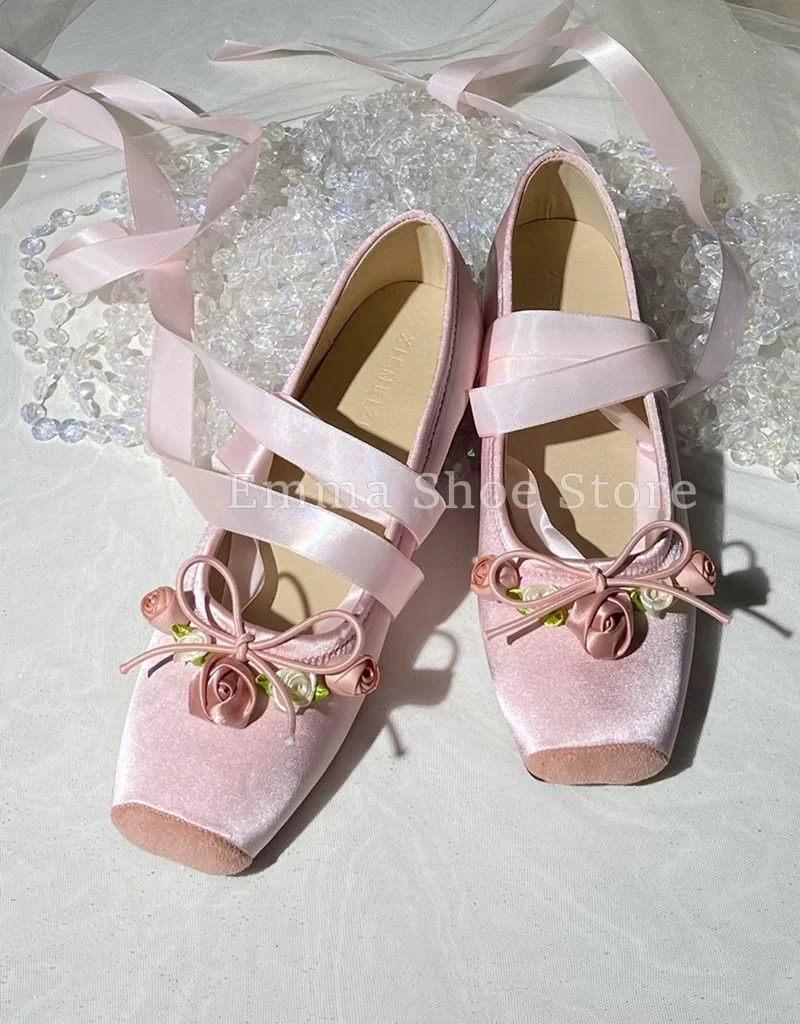 

Girls Sweet Floral Square Toe Ballet Flats Satin Flower Embellished Soft Sole Sandals Comfort Ribbon Bow Women's Mary Jane Shoes