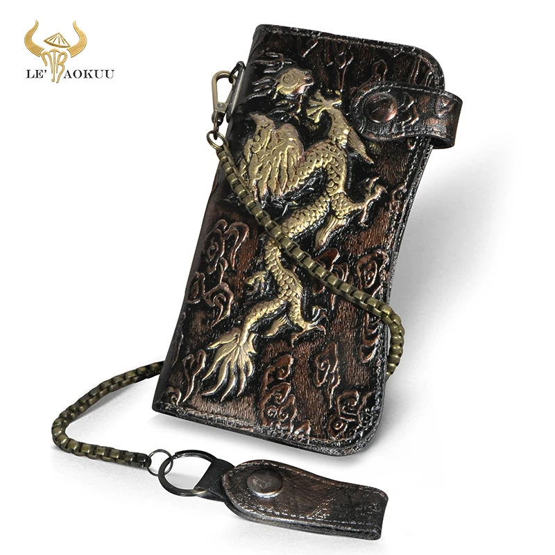 

Cattle Male Unisex Thick Bull leather Dargon Emboss Fashion Checkbook Iron Chain Organizer Wallet Purse Design Clutch 1088