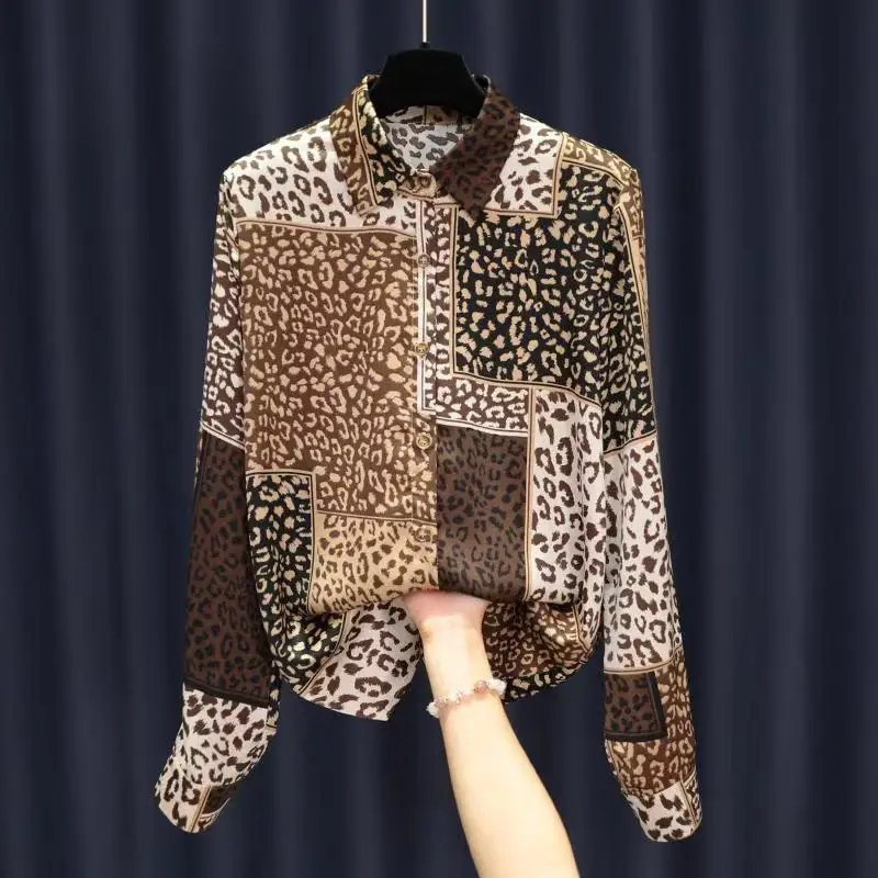 

Vintage Leopard Chiffon Shirt Women Spring/Summer Long Sleeve Blouses Casual Loose Top Sunscreen Clothes Cardigans Coats