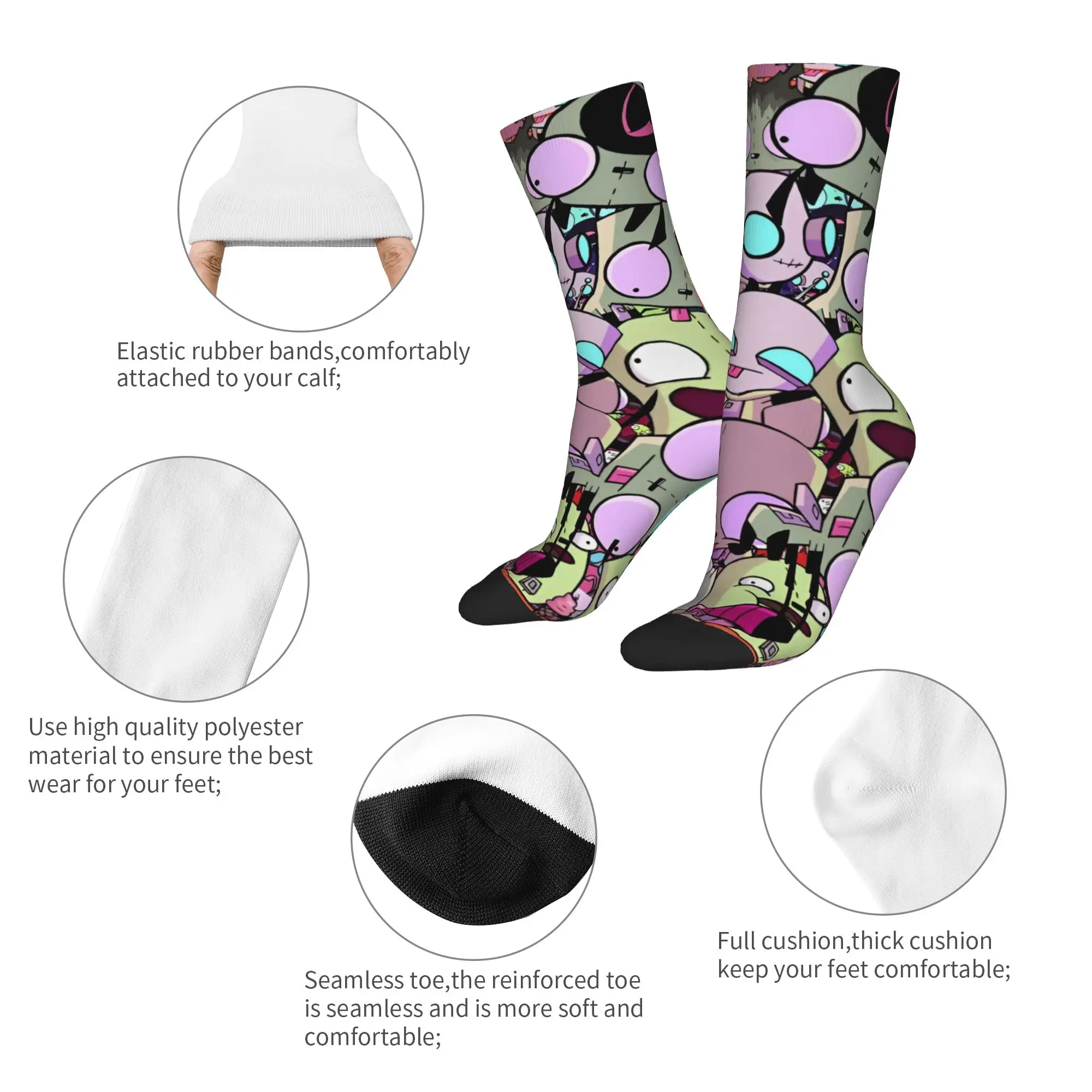 Casual Cartoon Basketball Socks Dark Comedy Invader Zim Polyester Crew Socks for Women Men Sweat Absorbing