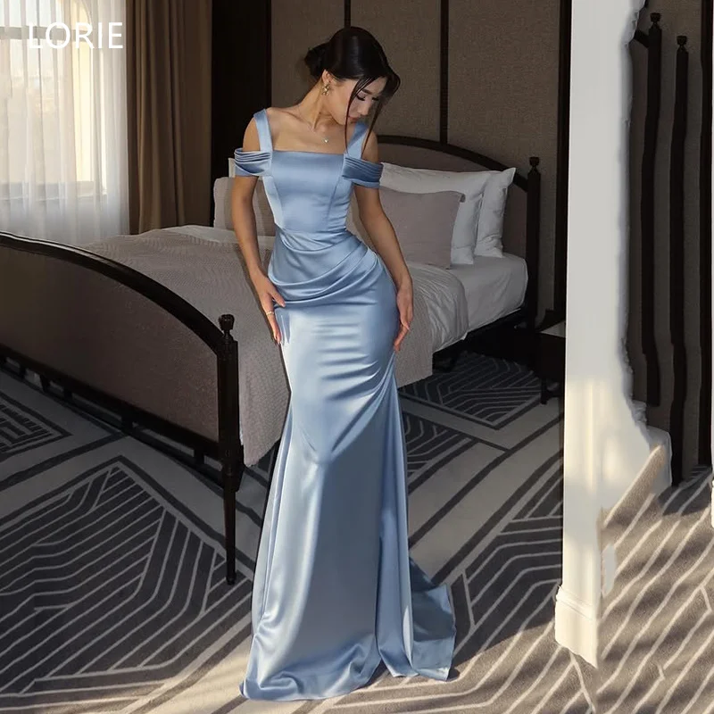 

LORIE Elegant Sky Blue Satin Party Dresses Off The Shoulder Pleats Evening Prom Dress Mermaid Floor-Length Prom Gown Customized